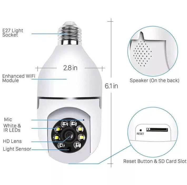 PTZ Bulb Camera 1080P Auto Rotating WiFi CCTV - Image 3